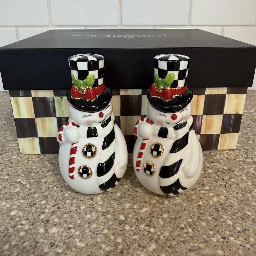 MacKenzie-Childs Nostalgia Snowman Salt Pepper Shaker Set New In Box Christmas